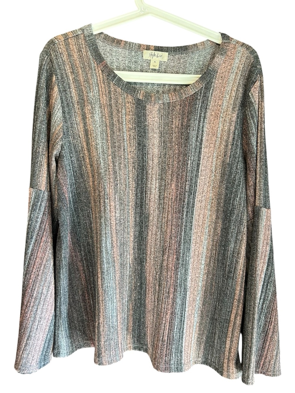 Style & Co. Gray and Pink Multi-Stripe Long-Sleeve Top